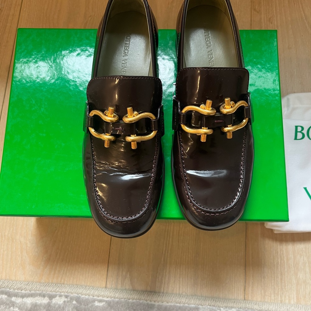Bottega Veneta Burgandy Loafers with Gold Accents